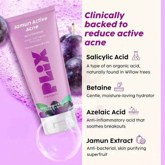Plix Jamun Active Acne Face Cleanser | Salicylic Acid Face Wash with Betaine, Azelaic Acid & Jamun Extract for Acne-Prone, Oily & Combination Skin | Deep Cleansing Daily Face Wash